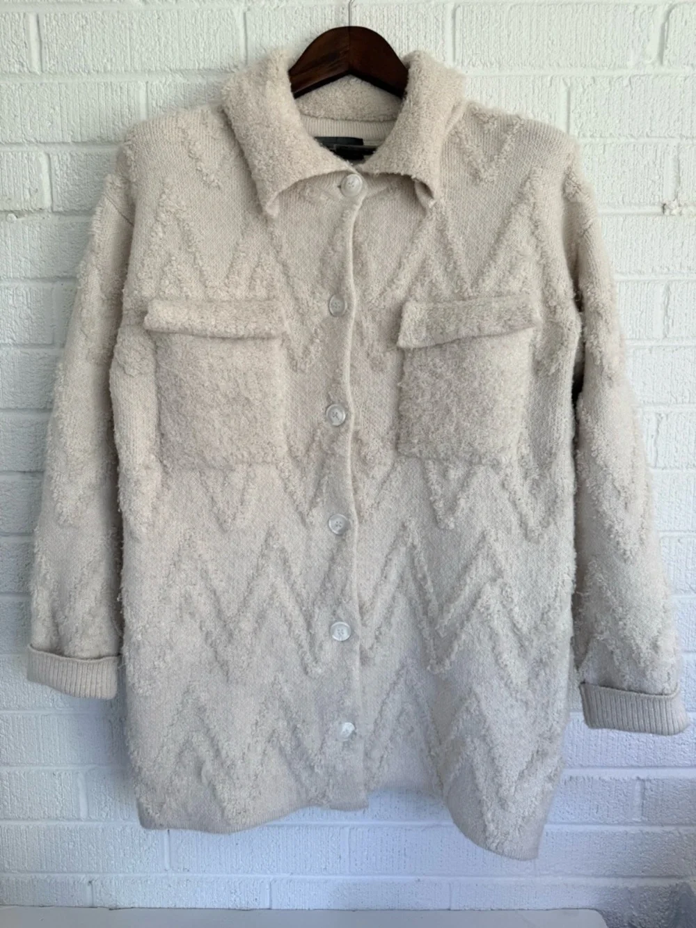 Anthropologie Cream Chevron Teddy Jacket - Picture 1 of 9
